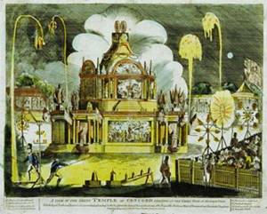 Temple of Concord with rockets bursting overhead in Green Park. 1814